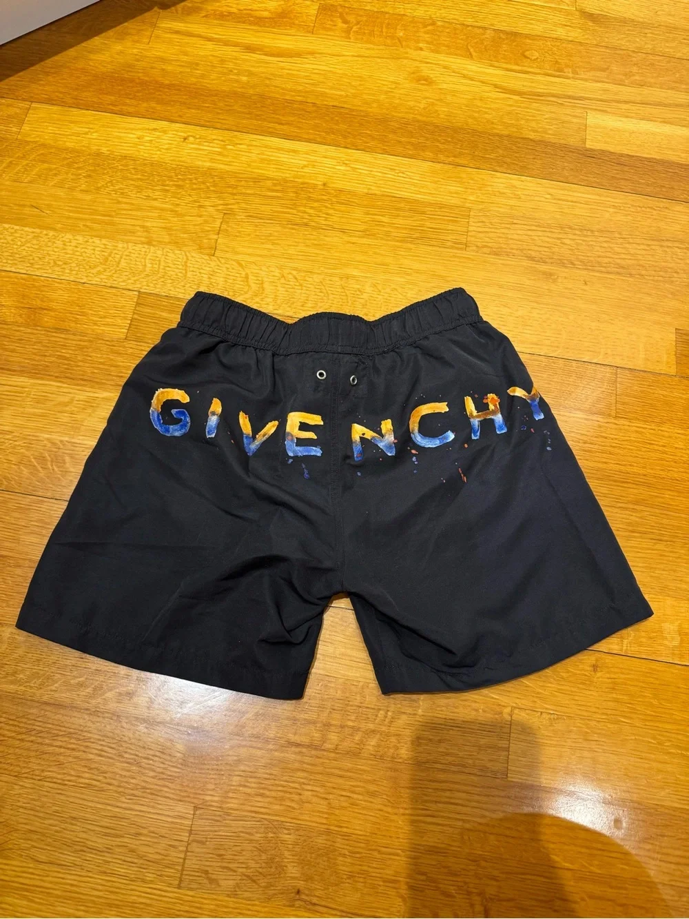 Givenchy Boys Black swim Shorts with Multicolor Paint Logo white tshirt size 12